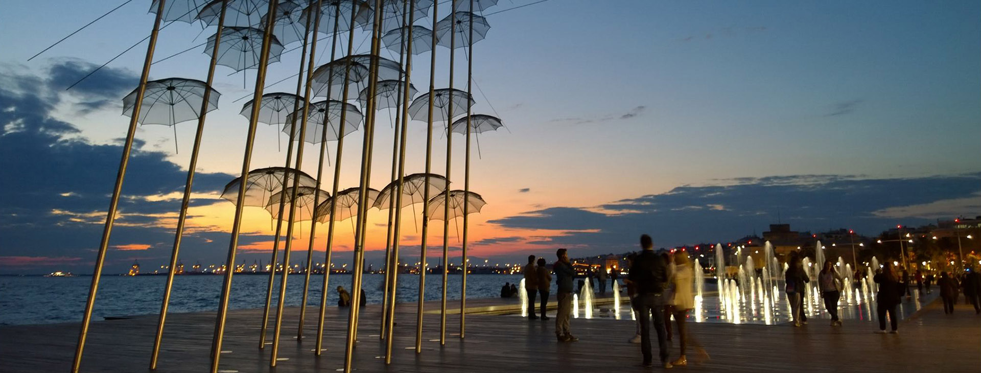 “Umbrellas” modern art statue during sunset at the seafront of Thessaloniki City