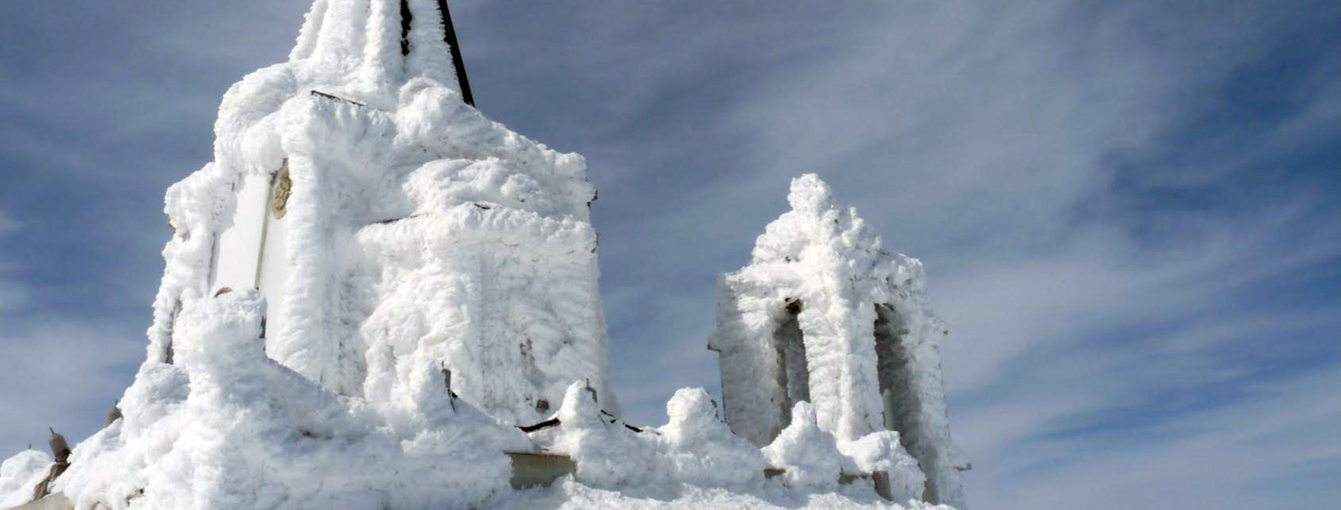 Profitis Ilias church coverd by snow at the peak of Mt. Kaimaktsalan, Pella